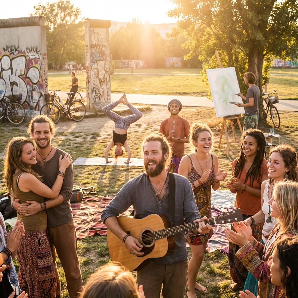 Happy free humans in Berlin enjoying music, art, and connection away from computers