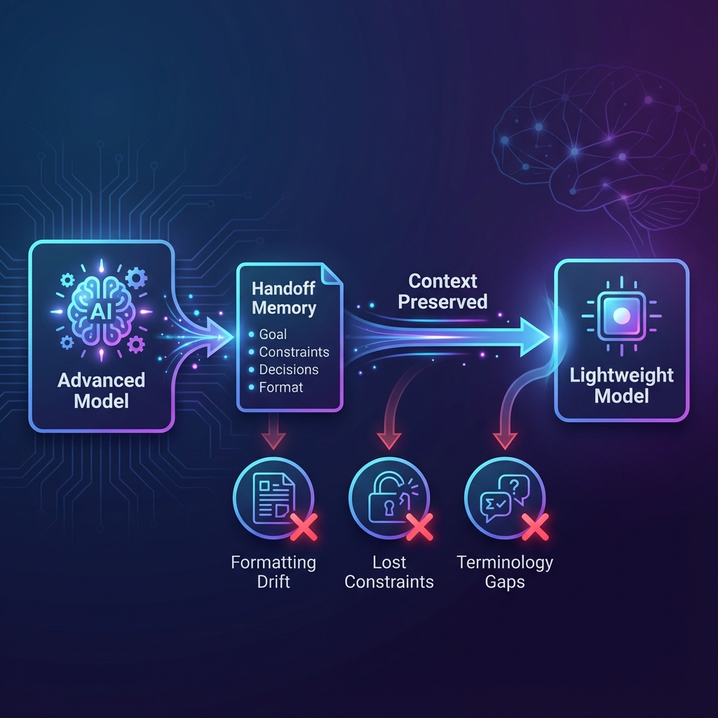 Handoff Memory Flow diagram showing how context is preserved when switching between model tiers