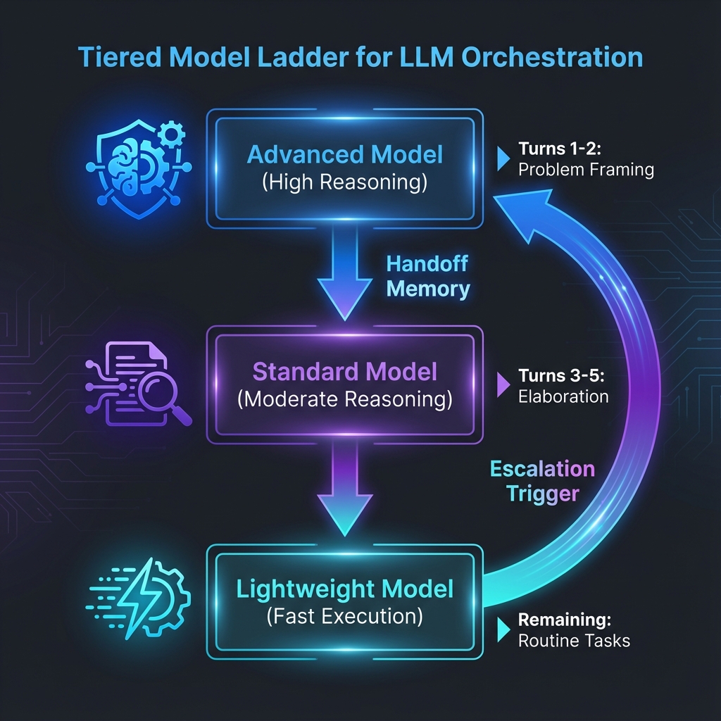 Tiered Model Ladder Architecture showing Advanced, Standard, and Lightweight model tiers with handoff and escalation flows